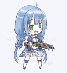 Rule 34 | 1girl, :d, ahoge, bad id, bad pixiv id, blue bow, blue dress, blue footwear, blue hair, blush, bow, braid, capriccio, character name, commentary request, dress, frilled dress, frills, full body, gloves, green eyes, grey background, gun, hair bow, holding, holding gun, holding weapon, long hair, looking at viewer, low twintails, nijisanji, open mouth, puffy short sleeves, puffy sleeves, shoes, short sleeves, sidelocks, simple background, smile, solo, standing, striped, striped bow, thighhighs, twin braids, twintails, very long hair, virtual youtuber, weapon, white gloves, white thighhighs, yuuki chihiro, yuuki chihiro (8th costume)