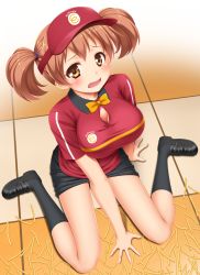 Rule 34 | 1girl, arm support, black socks, bow, bowtie, breasts, brown eyes, brown hair, clothes writing, employee uniform, fast food uniform, food, french fries, hataraku maou-sama!, highres, kneehighs, large breasts, loafers, nicci, open mouth, pencil skirt, polo shirt, ribbon, sasaki chiho, shoes, short hair, short twintails, sitting, skirt, socks, solo, twintails, unbuttoned, uniform, visor cap