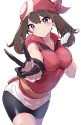 Rule 34 | 1girl, bandana, bike shorts, black shorts, blue eyes, blush, breasts, brown hair, clenched teeth, creatures (company), fanny pack, game freak, gloves, hair between eyes, hairband, highres, large breasts, looking at viewer, may (pokemon), medium breasts, multicolored clothes, multicolored gloves, nintendo, open mouth, pokemon, pokemon rse, racket ti1, red bandana, red hairband, red headwear, red shirt, shirt, shorts, simple background, smile, solo, teeth, tight clothes, v, white background