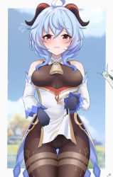 Rule 34 | 1girl, ?, absurdres, ahoge, bare shoulders, bell, black bodysuit, black gloves, blue hair, blurry, blurry background, blush, bodystocking, bodysuit, border, breasts, brown pantyhose, cameltoe, clothes lift, cloud retainer (genshin impact), cowbell, cowboy shot, detached sleeves, embarrassed, flying sweatdrops, ganyu (genshin impact), genshin impact, gloves, goat horns, gold trim, highres, horns, jasonwongwong, leotard, leotard under clothes, long sleeves, medium breasts, mixed-language commentary, neck bell, pantyhose, pelvic curtain, pelvic curtain lift, raised eyebrows, red eyes, solo, thighs, white border, white sleeves, xianyun (genshin impact)