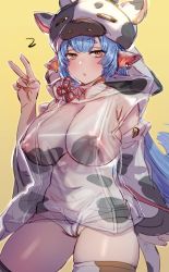 Rule 34 | 1girl, animal ears, animal print, blue hair, blush, bow (bhp), breasts, catura (granblue fantasy), covered erect nipples, cow ears, cow girl, cow hat, cow horns, cow print, draph, ear piercing, granblue fantasy, hand up, hood, hoodie, horns, large breasts, long hair, looking at viewer, nipples, no bra, open mouth, piercing, pointy ears, revision, see-through, short shorts, shorts, simple background, solo, thick eyebrows, v, yellow background, yellow eyes