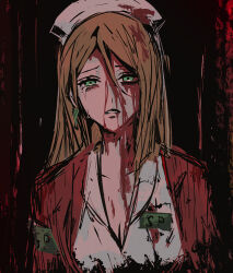 Rule 34 | 1girl, armband, blood, blood on clothes, blood on face, breasts, brown hair, cleavage, crying, crying with eyes open, earrings, frown, green eyes, hair between eyes, hat, jacket, jewelry, lisa garland, long hair, miichinori, nurse cap, open mouth, red jacket, shirt, silent hill (series), silent hill 1, solo, tears, upper body, white shirt