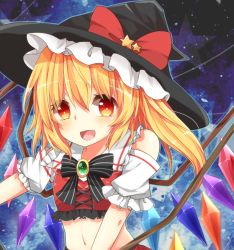 Rule 34 | 1girl, adapted costume, alternate eye color, alternate headwear, blonde hair, bow, crystal, detached sleeves, female focus, flandre scarlet, frills, hat, hat bow, navel, open mouth, side ponytail, solo, star (symbol), touhou, wings, witch hat, yellow eyes, yuria (kittyluv)