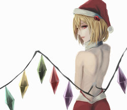 Rule 34 | 1girl, alternate headwear, back, bare arms, blonde hair, crystal, flandre scarlet, hair bobbles, hair ornament, hat, highres, looking at viewer, low wings, open mouth, profile, red eyes, rira, santa hat, short hair, side ponytail, simple background, solo, touhou, upper body, white background, wings