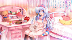 Rule 34 | 1girl, :o, bad id, bad pixiv id, banana, bed, bedroom, blue eyes, blue hair, blush, book, cake, casual, chair, cup, desk, food, fruit, hair ribbon, highres, hizukiryou, indoors, lamp, long hair, matching hair/eyes, nail polish bottle, open mouth, original, pantyhose, photo (object), pillow, ribbon, room, sheep, sitting, solo, stuffed animal, stuffed toy, teacup, teapot, teddy bear, wallpaper