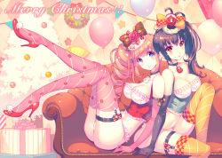 Rule 34 | !, 2girls, argyle, argyle background, argyle clothes, arm support, ass, balloon, bare shoulders, bauble, belt, black gloves, black hair, blue eyes, blush, bow, box, breasts, candy, cherry, choker, christmas, christmas-chan, christmas ornaments, christmas tree, christmas wreath, cleavage, collarbone, corset, couch, curly hair, daruma doll, english text, engrish text, eyebrows, flower, folding fan, food, frilled panties, frills, fruit, garter straps, gift, gift box, gloves, hair between eyes, hair bow, hair flower, hair ornament, hand fan, high heels, indoors, large breasts, leaning back, leaning on person, legs up, lingerie, long hair, looking at viewer, merry christmas, midriff, multiple girls, navel, nishimura eri, no pants, on chair, orange legwear, original, oshougatsu-chan, panties, pink hair, pink legwear, plaid, plaid bow, ranguage, red bow, red eyes, red footwear, red gloves, revision, ribbon, rope, shoes, side ponytail, sitting, snowman, striped ribbon, thigh strap, thighhighs, underwear, white panties, wreath