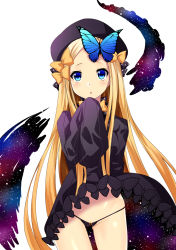Rule 34 | 1girl, :o, abigail williams (fate), arm behind back, black bow, black dress, black headwear, black panties, blonde hair, blue eyes, bow, breasts, bug, butterfly, butterfly on head, clothes lift, commentary request, cowboy shot, daive, dress, dress lift, fate/grand order, fate (series), gluteal fold, groin, hair bow, highres, insect, long hair, long sleeves, looking at viewer, orange bow, panties, pantyshot, parted lips, polka dot, polka dot bow, sleeves past fingers, sleeves past wrists, solo, standing, straight hair, underwear, upskirt, very long hair