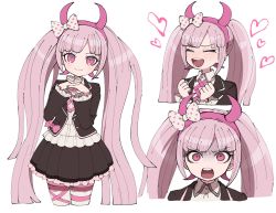 Rule 34 | 1girl, angry, blush, bow, closed eyes, closed mouth, collared shirt, danganronpa (series), danganronpa another episode: ultra despair girls, drooling, empty eyes, fake horns, frilled sleeves, frills, furrowed brow, hair bow, hairband, heart, highres, horns, long hair, multiple views, omochi ksw, open mouth, pantyhose, pink eyes, pink hair, polka dot, polka dot bow, saliva, shirt, simple background, skirt, smile, striped clothes, striped legwear, striped pantyhose, teeth, twintails, upper teeth only, utsugi kotoko, v-shaped eyebrows, very long hair, white background