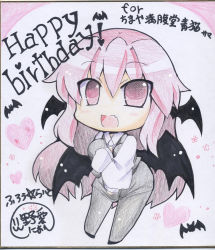 Rule 34 | 1girl, :d, bad id, bad pixiv id, bat wings, chibi, commentary request, fang, happy birthday, koakuma, long hair, looking at viewer, noai nioshi, open mouth, pink eyes, pink hair, shikishi, smile, solo, touhou, traditional media, translation request, wings