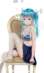 Rule 34 | 1girl, aqua hair, bikini, bikini top only, blue bikini, blue eyes, bra, breasts, chair, cleavage, halterneck, hatsune miku, hbb, highres, large breasts, long hair, looking at viewer, sidelocks, simple background, sitting, skirt, solo, swimsuit, thighhighs, twintails, underwear, vocaloid, white background, white thighhighs