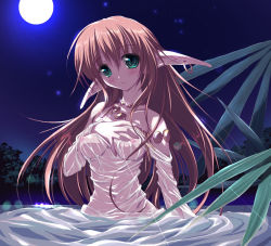 Rule 34 | 1girl, aqua eyes, armpits, bare shoulders, blush, breasts, brown hair, collarbone, earrings, jewelry, long hair, medium breasts, midriff, moon, navel, necklace, nipples, open mouth, outdoors, pointy ears, see-through, solo, star (symbol), tsurusaki takahiro, very long hair, water, wet
