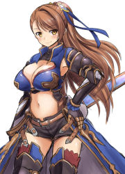 Rule 34 | 10s, 1girl, beatrix (granblue fantasy), belt, blush, breasts, brown eyes, brown hair, cleavage, gloves, granblue fantasy, hair ornament, hair ribbon, hand on own hip, kokutou nikke, large breasts, long hair, looking at viewer, navel, ponytail, ribbon, scabbard, sheath, short shorts, shorts, simple background, sketch, smile, solo, thighhighs, white background