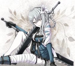 Rule 34 | 1girl, bandages, braid, breasts, cleavage, colored skin, flower, hair flower, hair ornament, kaine (nier), lily (flower), long hair, looking at viewer, md5 mismatch, nier, nier (series), parted lips, resized, resolution mismatch, silver hair, single braid, sitting, solo, sword, tk8d32, weapon, white skin