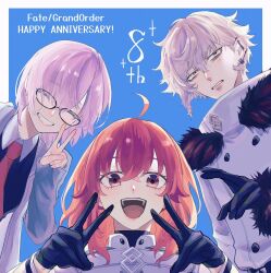 Rule 34 | 1boy, 2girls, ahoge, anniversary, bags under eyes, black-framed eyewear, black dress, black gloves, blue background, border, brown eyes, buttons, ca (ca gemini), closed eyes, collared dress, commentary request, copyright name, double v, dress, ear piercing, fate/grand order, fate (series), fujimaru ritsuka (female), fujimaru ritsuka (female) (decisive battle chaldea uniform), fur-trimmed jacket, fur-trimmed sleeves, fur trim, glasses, gloves, grey jacket, grin, highres, jacket, kadoc zemlupus, light purple hair, lips, long sleeves, looking at viewer, mash kyrielight, multiple girls, necktie, open clothes, open jacket, open mouth, orange eyes, orange hair, outside border, piercing, pink lips, red necktie, short hair, simple background, smile, teeth, upper teeth only, v, white border, white hair, white jacket