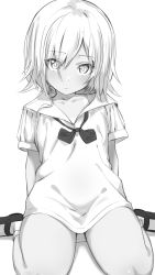 Rule 34 | 1girl, absurdres, bow, bowtie, character request, collarbone, copyright request, expressionless, fankupl, greyscale, highres, long shirt, looking at viewer, loose bowtie, mary janes, monochrome, sailor collar, seiza, shirt, shoes, short hair, sitting, sketch, socks, solo, spaghetti strap, t-shirt, tan, tanline