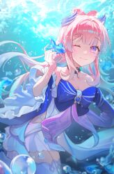 Rule 34 | 1girl, ;), absurdres, bare shoulders, blue bow, bow, breasts, cleavage, commentary, dress, genshin impact, hair intakes, hand up, highres, long hair, off-shoulder dress, off shoulder, one eye closed, pink hair, purple eyes, sangonomiya kokomi, shorts, smile, solo, thighhighs, underwater, very long hair, white shorts, youwon0417