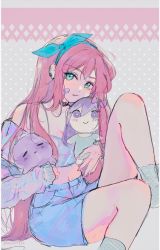 Rule 34 | 1girl, aqua bow, aqua eyes, aubrey (faraway) (omori), aubrey (omori), bandaid, bandaid on cheek, bandaid on face, blush, bow, breasts, cleavage, crop top, earrings, from side, hair bow, highres, holding, holding stuffed toy, jewelry, legs, looking at viewer, manio11a, multiple earrings, navel, omori, pink hair, polka dot footwear, sitting, sketch, skirt, smile, socks, solo, stuffed toy