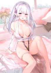 Rule 34 | 1girl, absurdres, arms up, bare shoulders, breasts, collarbone, elf, halterneck, highres, knee up, large breasts, looking at viewer, navel, original, pointy ears, purple eyes, scan, silver hair, simple background, solo, sora 72-iro, swimsuit, thigh strap, thighs