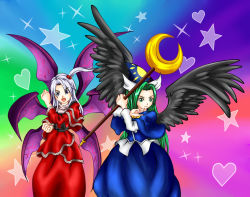 Rule 34 | 2girls, alest lusia, blue eyes, capelet, clenched hand, clenched hands, crescent, crescent moon, female focus, green eyes, green hair, hair bobbles, hair ornament, hat, heart, mima (touhou), moon, multiple girls, multiple wings, mystic square, shinki (touhou), silver hair, staff, star (symbol), touhou, touhou (pc-98), wings, wizard hat