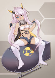 Rule 34 | 1girl, ahoge, azur lane, bandeau, black gloves, blue eyes, blush, bomb, breasts, closed mouth, commentary request, dark-skinned female, dark skin, explosive, expressionless, eyes visible through hair, facepaint, fat man (nuclear bomb), full body, gloves, grey shorts, hair between eyes, hand in own hair, hazard symbol, heart, heart ahoge, heterochromia, highres, horns, indianapolis (azur lane), long hair, looking at viewer, mechanical horns, medium breasts, micro shorts, navel, no shoes, nuclear weapon, open fly, pink hair, radiation symbol, shorts, sitting, solo, the hermit, thighhighs, turtleneck, twintails, underboob, very long hair, weapon of mass destruction, white bandeau, white thighhighs, yellow eyes