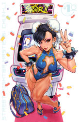 Rule 34 | 1girl, alternate costume, arcade cabinet, black hair, bracelet, breasts, brown eyes, capcom, chun-li, cleavage, cleavage cutout, clothing cutout, earrings, food, jewelry, lipstick, makeup, nail polish, noodles, reiq, sandals, slippers, solo, spiked bracelet, spikes, street fighter, udon entertainment, v