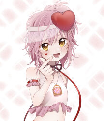 Rule 34 | 1girl, amulet heart, blush, crop top, finger heart, hair ornament, half updo, heart, heart hair ornament, high ponytail, highres, hinamori amu, humpty lock (shugo chara!), jewelry, looking at viewer, multicolored background, neck ribbon, necklace, open mouth, orange eyes, pink background, pink hair, red ribbon, ribbon, shugo chara!, smile, solo, suteneko gohan, visor cap, white background