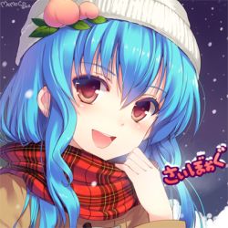 Rule 34 | 1girl, :d, alternate costume, bad id, bad pixiv id, beanie, blue hair, coat, contemporary, female focus, food, fruit, hat, hinanawi tenshi, long hair, looking at viewer, lowres, momoko (momopoco), open mouth, peach, plaid, plaid scarf, portrait, profile picture, red eyes, scarf, smile, snow, solo, touhou