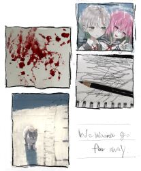Rule 34 | 2girls, black cardigan, blood, blood splatter, blush, brutal complex, brutal vap, cardigan, cat, collage, collared shirt, colored tips, english text, green eyes, green hair, grey hair, half-closed eyes, hand up, head tilt, highres, jitome, looking at another, looking at viewer, looking to the side, multicolored hair, multiple girls, neck ribbon, neckerchief, no pupils, notebook, open mouth, parted bangs, pencil, pink hair, red neckerchief, red ribbon, ribbon, school uniform, scribble, serafuku, shadow, shirt, short hair, smile, v