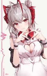 Rule 34 | 1girl, absurdres, alternate costume, alternate hairstyle, antenna hair, apron, arknights, bare shoulders, blush, breasts, cleavage, cleavage cutout, clothing cutout, detached sleeves, double bun, enmaided, fingernails, frilled apron, frills, grey hair, hair bun, heart, heart hands, highres, horns, large breasts, long fingernails, looking at viewer, maid, momosawa nao, multicolored hair, nail polish, parted lips, pink nails, red eyes, red hair, short hair, short sleeves, smile, solo, two-tone hair, upper body, w (arknights), white apron