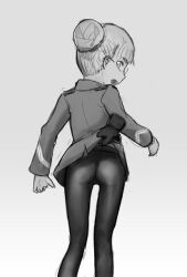 Rule 34 | 1girl, ass, clothes lift, glasses, greyscale, monochrome, open mouth, pantyhose, perrine h. clostermann, shiri chin, shirt lift, simple background, strike witches, world witches series