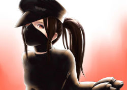 Rule 34 | 1girl, bigkaking38, black hair, black hat, black jacket, black mask (clothing), breasts, commentary request, covered mouth, eyelashes, face, hat, jacket, looking at viewer, mask, medium breasts, mouth mask, original, ponytail, red eyes, simple background, skirt, slit pupils, solo, two-tone background