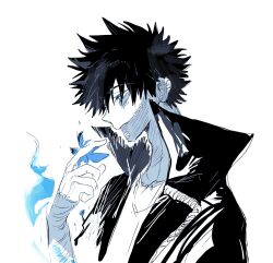 Rule 34 | 1boy, black coat, black hair, blue eyes, blue fire, blue footwear, boku no hero academia, burn scar, closed mouth, coat, dabi (boku no hero academia), eben1120, fire, highres, male focus, open clothes, open coat, scar, simple background, solo, stitches, upper body, white background