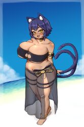 Rule 34 | 1girl, absurdres, animal ear fluff, animal ears, anklet, bandaid, bandaid on face, bandaid on knee, bandaid on leg, bandeau, beach, bell, belly, bikini, black bandeau, black bikini, blue hair, blush, breast suppress, breasts, cat cutout, cat ears, cat girl, cat tail, choker, cleavage, clothing cutout, collarbone, commission, dark-skinned female, dark skin, ears through headwear, fang, highres, huge breasts, ichika (ichika manga), jewelry, jingle bell, mole, mole under eye, multiple tails, navel, neck bell, no nose, open mouth, original, plump, sarong, short hair, shortstack, skeb commission, slit pupils, smile, solo, sweat, swimsuit, tail, thick thighs, thigh strap, thighs, wide hips, yellow eyes