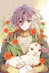 Rule 34 | 1boy, animal, bags under eyes, black eyes, brown eyes, dungeon meshi, elf, expressionless, flower, goat, goat (dungeon meshi), gorget, green shirt, grey hair, holding, holding animal, horizontal pupils, lazy eye, long sleeves, looking at viewer, male focus, mithrun, notched ear, pointy ears, red flower, sanfangzhu58831, shirt, short hair, straight-on, tile wall, tiles, tunic, uneven eyes, upper body, wavy hair