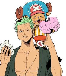 Rule 34 | 2boys, age difference, artist request, candy, food, green hair, multiple boys, one piece, roronoa zoro, smile, source request, tony tony chopper