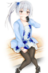 Rule 34 | 1girl, alternate costume, bangle, black pantyhose, blue coat, blush, bracelet, brown eyes, coat, collarbone, cosplay, covering own mouth, dead or alive, dress, floral print, flower, grey hair, hair between eyes, hair flower, hair ornament, hand over own mouth, high heels, highres, jewelry, kantai collection, kasumi (doa), kasumi (doa) (cosplay), kasumi (kancolle), long hair, long sleeves, looking at viewer, momin, pantyhose, pleated dress, side ponytail, sidelocks, sitting, sitting on object, watch, wristwatch