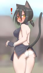 Rule 34 | !, 1girl, :3, animal ears, ass, back, black hair, blurry, blush, butt crack, cat ears, cat tail, depth of field, female focus, fingerless gloves, from behind, gloves, halterneck, highres, looking back, open mouth, original, ponytail, rafoll, solo, tail, yellow eyes