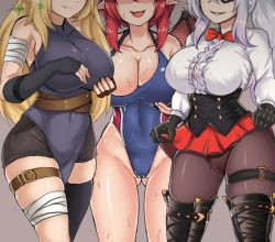 Rule 34 | 3girls, bandages, black legwear, blonde hair, breasts, bustier, cleavage, collarbone, competition swimsuit, demon girl, feet out of frame, fingerless gloves, future knight, gloves, guardian tales, hand on own chest, head out of frame, highres, large breasts, lifeguard yuze, long hair, multicolored hair, multiple girls, one-piece swimsuit, open mouth, p (user twhe8523), pantyhose, pointy ears, red eyes, red ribbon, red skirt, red wings, ribbon, short hair, skirt, smile, swimsuit, thighs, trickster lucy, wet, wings