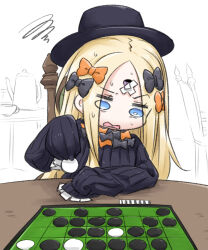 Rule 34 | 1girl, abigail williams (fate), black bow, black dress, black hat, blonde hair, blue eyes, board game, bow, chair, cup, dress, fate/grand order, fate (series), hair bow, hat, highres, long hair, long sleeves, neon-tetora, on chair, open mouth, orange bow, parted bangs, puffy long sleeves, puffy sleeves, reversi, simple background, sleeves past fingers, sleeves past wrists, solo, squiggle, sweat, teacup, teapot, upper body, very long hair, wavy mouth, white background
