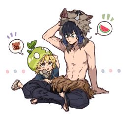 Rule 34 | 1boy, 1girl, absurdres, black hair, blonde hair, boar mask, brown eyes, crossover, dcon 34, dr. stone, food, fruit, full body, gradient hair, green eyes, hashibira inosuke, highres, kimetsu no yaiba, mask, multicolored hair, sandals, topless male, short hair, simple background, sitting, suika (dr. stone), thought bubble, trait connection, watermelon, white background