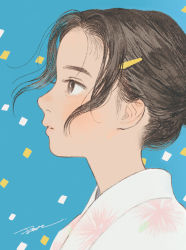 Rule 34 | 1girl, blue background, brown eyes, brown hair, close-up, expressionless, floating hair, from side, hair intakes, hair ornament, hairclip, highres, japanese clothes, looking away, matayoshi, original, parted lips, portrait, profile, signature, solo, wind