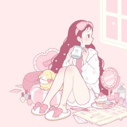 Rule 34 | 1girl, bandaid, bandaid on foot, bare legs, black hair, blush, book, bow, cake, cup, food, footwear bow, fork, freckles, fruit, hair ornament, hairband, heart, heart hair ornament, highres, knees up, letter, long hair, long sleeves, loungewear, macaron, mug, open book, original, pillow, pink background, pink bow, pink hairband, pink theme, plaid, plaid bow, plate, profile, rabbit, slippers, solo, strawberry, strawberry shortcake, very long hair, window, yoshimon