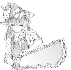 Rule 34 | 1girl, bow, braid, chainsaw, closed eyes, cookie (touhou), greyscale, hair bow, hat, hat bow, holding, holding chainsaw, kirisame marisa, long hair, manatsu no yo no inmu, monochrome, side braid, simple background, single braid, sleeves rolled up, solo, suzu (cookie), touhou, white background, witch hat, yexinhan