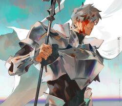 Rule 34 | 1boy, armor, black bodysuit, blood, blood on face, bodysuit, cape, chest armor, fate/grand order, fate (series), highres, holding, holding polearm, holding weapon, kalak 39, longinus (weapon) (fate), male focus, percival (fate), polearm, shoulder armor, simple background, weapon, white cape, white hair