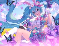 Rule 34 | 1girl, animal ears, aqua eyes, aqua hair, basket, bow, bowtie, bug, butterfly, cloud, collar, day, easter, easter egg, egg, field, floating hair, flower, flower field, gloves, hair between eyes, hatsune miku, insect, lavender (flower), lim jaejin, long hair, looking at viewer, midriff, navel, open mouth, outdoors, petals, pink bow, pink bowtie, rabbit ears, single thighhigh, sky, solo, swing, swinging, teeth, thighhighs, twintails, upper teeth only, very long hair, vocaloid, white gloves, white thighhighs