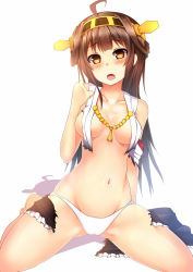 Rule 34 | 10s, 1girl, :o, bare shoulders, blush, breasts, brown eyes, brown hair, cameltoe, highres, kantai collection, kongou (kancolle), looking at viewer, navel, personification, shadow, simple background, sitting, solo, suteba (grzjkbhgf), torn clothes, wariza
