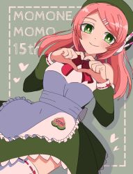 Rule 34 | 1girl, absurdres, anniversary, apron, back bow, beret, blush, bow, breasts, bright pupils, character name, dress, green dress, green eyes, green hat, green sleeves, hair ornament, hairclip, hat, heart, heart hands, highres, large breasts, long hair, looking at viewer, momone momo, parted bangs, pink hair, red bow, robot ears, shadow, smile, solo, tahanaexx, thighhighs, utau, white bow, white pupils, white thighhighs