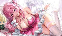 Rule 34 | 1girl, angel wings, bare shoulders, bow, breasts, choker, dorothy (nikke), dress, feathered wings, flower, goddess of victory: nikke, hair bow, hair bun, highres, himonoata, huge breasts, long hair, looking at viewer, lower teeth only, lying, no shoes, on side, open mouth, panties, panty pull, pink choker, pink dress, pink hair, pink panties, pulled by self, purple eyes, rose, single side bun, sleeveless, sleeveless dress, solo, teeth, thighhighs, thighs, underwear, white bow, white flower, white rose, white thighhighs, white wings, wings