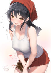 Rule 34 | 1girl, bad id, bad pixiv id, black hair, blush, breasts, candy, chocolate, chocolate heart, cleavage, collarbone, flying sweatdrops, food, grey tank top, head scarf, heart, long hair, looking at viewer, medium breasts, melting, nervous smile, original, own hands together, red scarf, red skirt, scarf, signature, simple background, skirt, smile, sweatdrop, tank top, valentine, yaegashi nan