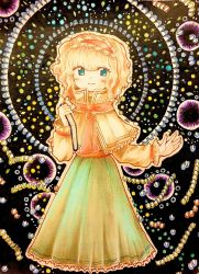 Rule 34 | 1girl, alice margatroid, ascot, blonde hair, blue dress, blue eyes, blush, capelet, danmaku, dress, frilled ascot, frills, green skirt, grimoire of alice, hairband, highres, lolita hairband, long sleeves, looking at viewer, okizari, puffy sleeves, red ascot, red hairband, short hair, skirt, smile, solo, spell card, touhou, traditional media